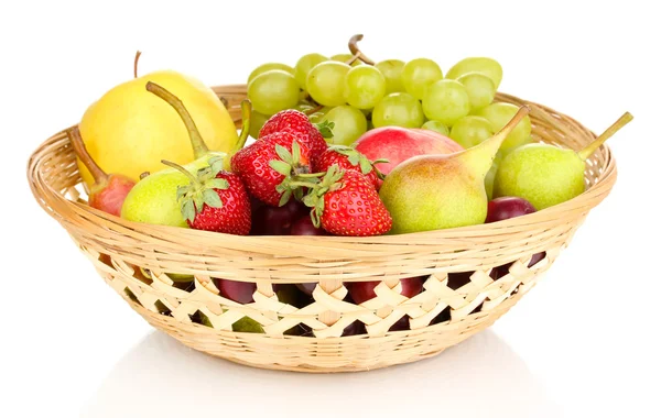 Mix of ripe sweet fruits and berries in basket isolated on white — Stock Photo, Image