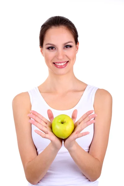 Femme souriante avec pomme isolée sur blanc — Photo