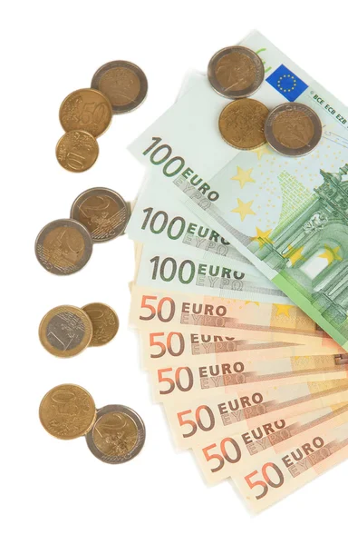 ユーロ紙幣とユーロ セント白で隔離されます。 — ストック写真