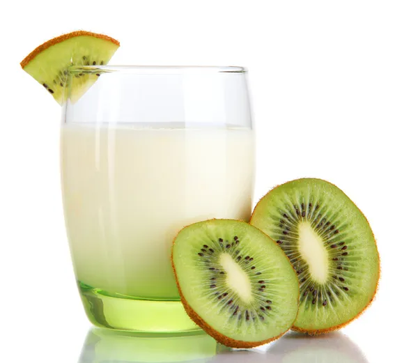 Delicious yogurt with kiwi in glass isolated on white — Stock Photo, Image