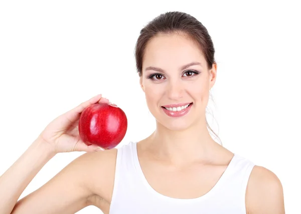 Donna sorridente con mela isolata su bianco — Foto Stock