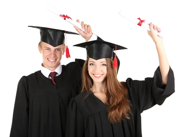 Två glada examen studenter isolerad på vit — Stockfoto