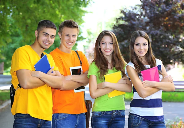 Happy group of young students standing in park — Stock Photo, Image