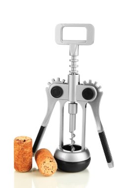 tirbuşon şarap ile izole üzerinde beyaz mantarlar