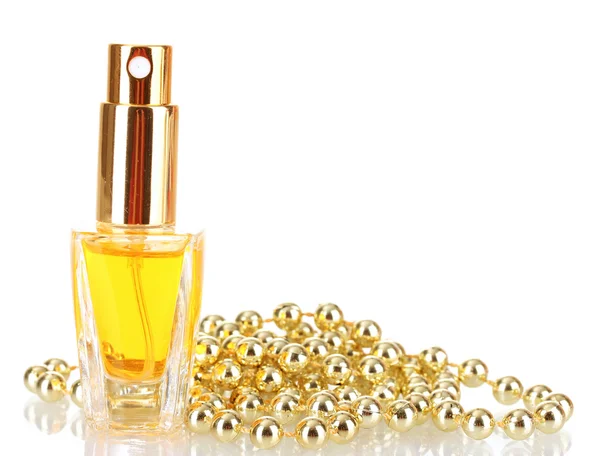 Women's perfume in beautiful bottle and beads, isolated on white — Stock Photo, Image