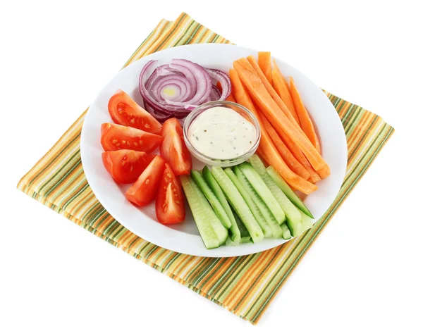 Assorted raw vegetables sticks in plate isolated on white — Stock Photo, Image