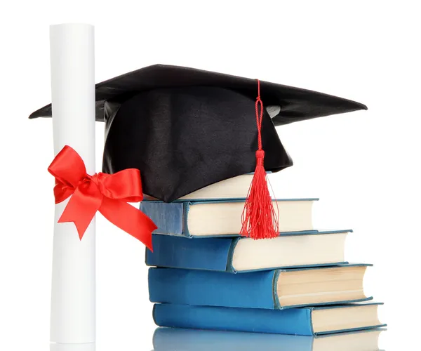 Grad hat with diploma and books isolated on white — Stock Photo, Image