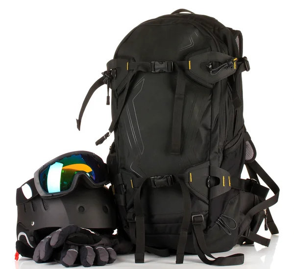 Okulary sportowe zimowe, kask i rękawice, plecak, na białym tle — Zdjęcie stockowe