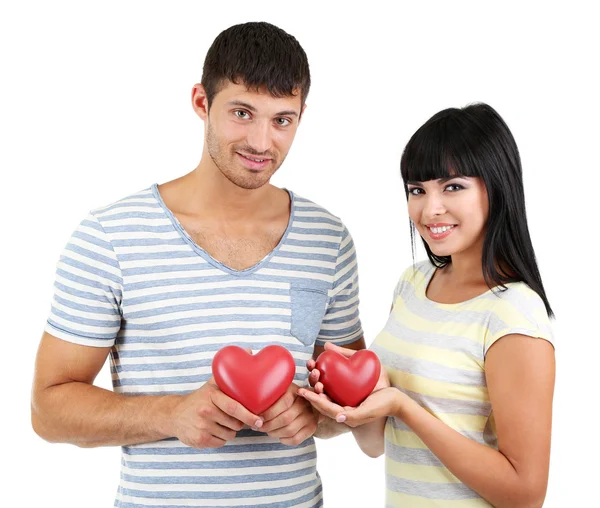 Hermosa pareja amorosa con corazones aislados en blanco — Foto de Stock