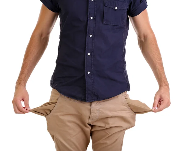 Hombre mostrando sus bolsillos vacíos, aislado en blanco —  Fotos de Stock