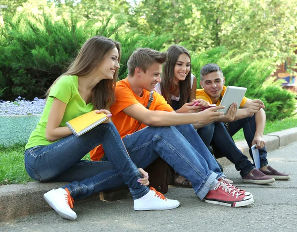 Fröhliche Gruppe junger Studenten im Park — Stockfoto