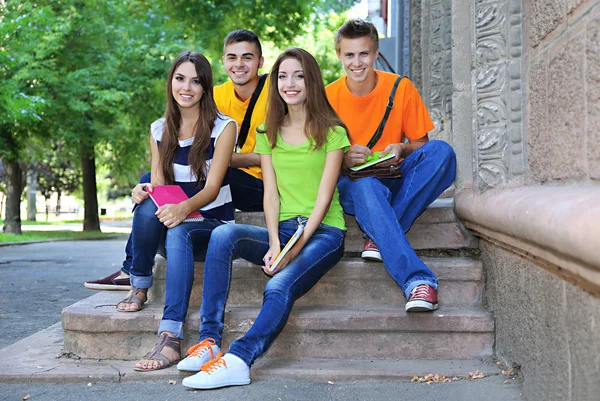 Grupo feliz de jovens estudantes sentados no parque — Fotografia de Stock