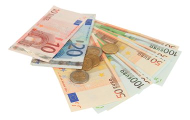 Euro banknot ve üzerinde beyaz izole euro cent