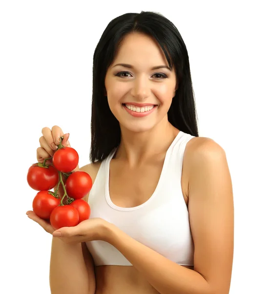 Девушка со свежими помидорами изолированы на белом — стоковое фото