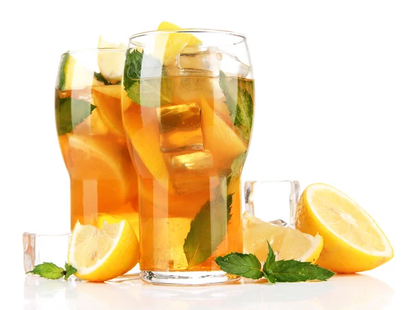 Iced tea with lemon and mint isolated on white — Stock Photo, Image