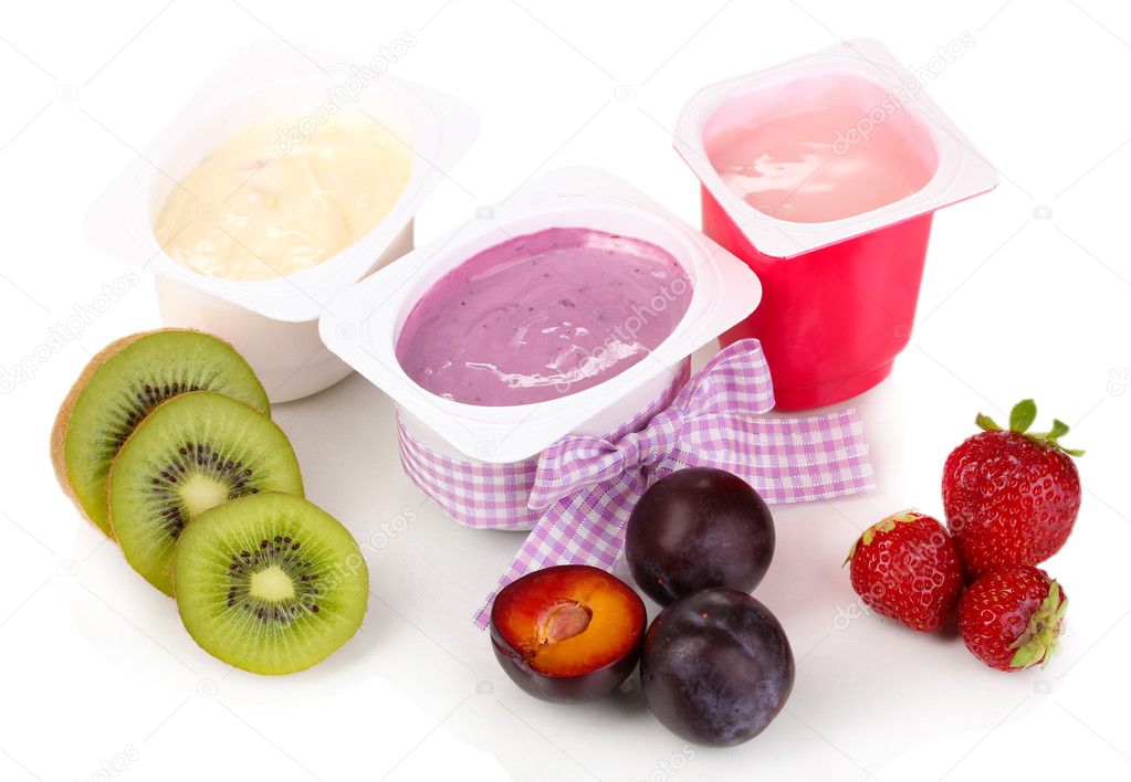 Fruit yogurts isolated on white