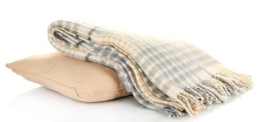 yünlü ekose kareli ve yastık, üzerinde beyaz izole