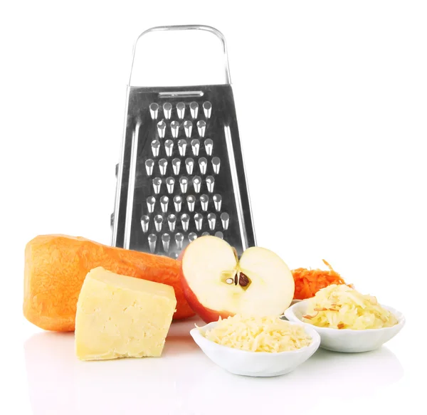 Metal grater and apple, cheese, carrot, isolated on white — Stock Photo, Image