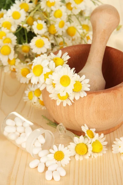 Medicine chamomile flowers on wooden table — Stock Photo, Image