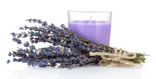 薰衣草蜡烛与新鲜的淡紫色，白色上孤立 — 图库照片