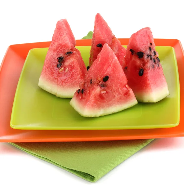 Sweet watermelon slices on plates isolated on white — Stock Photo, Image