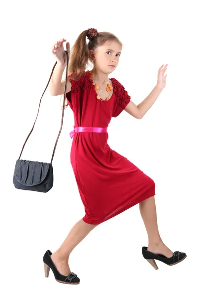 Schattig klein meisje in haar moeder jurk en schoenen, geïsoleerd op wit — Stockfoto