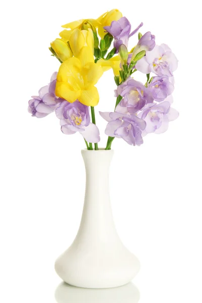 Hermoso ramo de freesias en jarrón, aislado en blanco — Foto de Stock