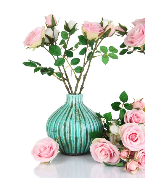 Beautiful pink and white roses in vase isolated on white — Stock Photo, Image