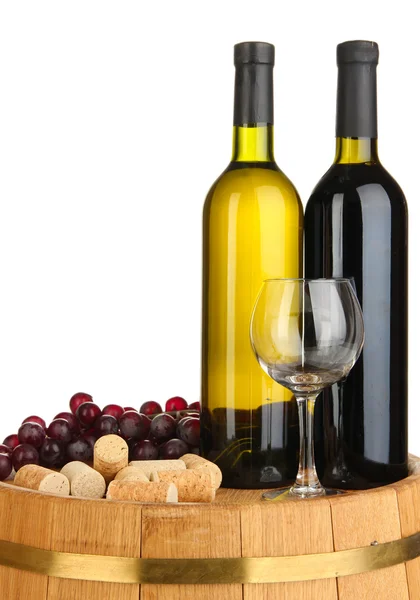 Wine and corks on barrel isolated on white — Stock Photo, Image
