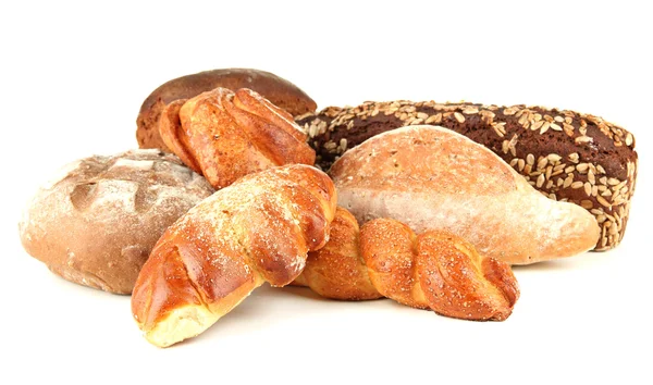 Samenstelling met brood en broodjes, geïsoleerd op wit — Stockfoto