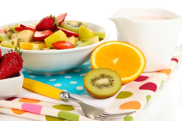 Useful fruit salad of fresh fruits and berries in bowl isolated on white — Stock Photo, Image