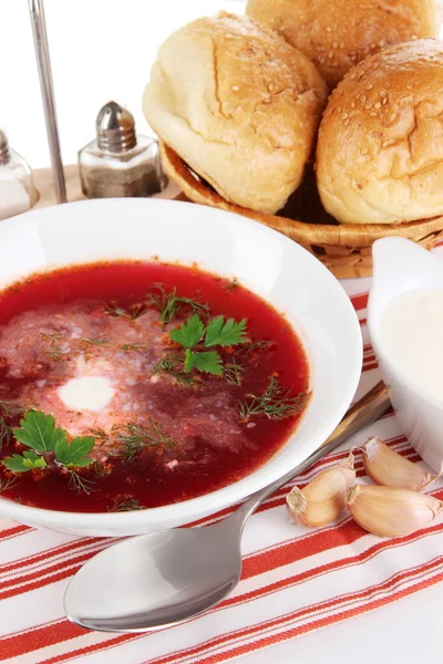 Delicious borsch on table close-up — Stock Photo, Image