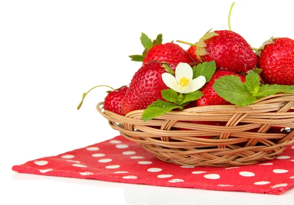 Ripe sweet strawberries in basket, isolated on white — Stock Photo, Image