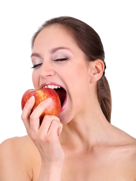 Donna con mela isolata su bianco — Foto Stock