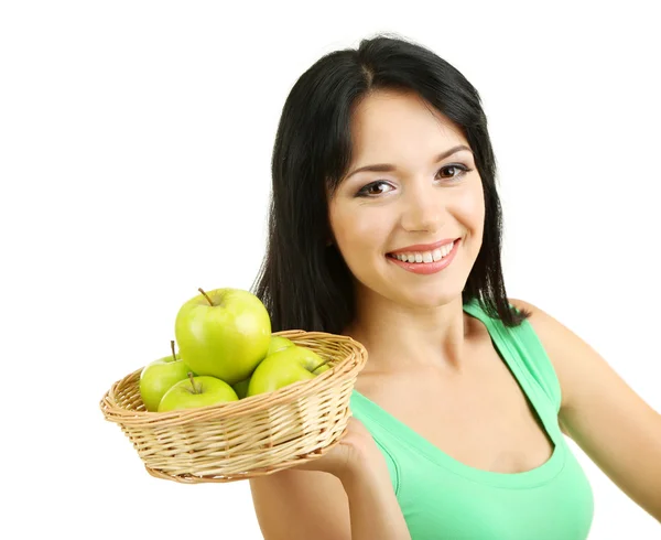 Mädchen mit frischen Äpfeln isoliert auf weiß — Stockfoto