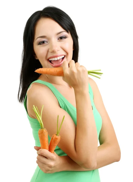 Chica con zanahoria fresca aislada en blanco — Foto de Stock