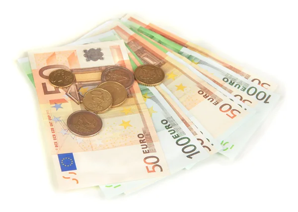 Notas de euro e cêntimos de euro isolados em branco — Fotografia de Stock