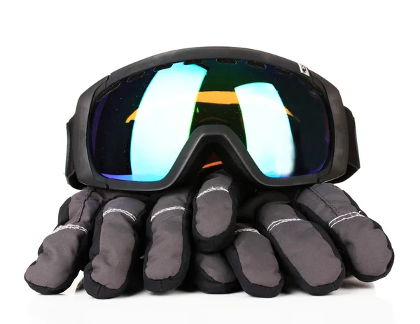 Winter sport glasses and gloves, isolated on white — Stock Photo, Image