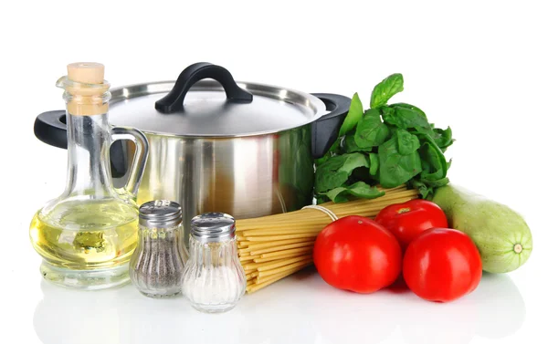 Ingredients for cooking pasta isolated on white — Stock Photo, Image