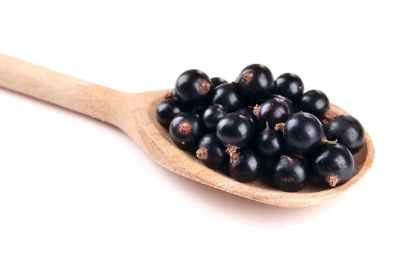 Grosella negra en cuchara de madera aislada en blanco — Foto de Stock