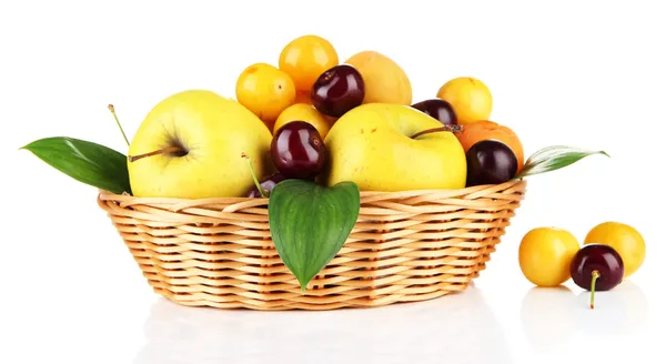 Bright summer fruits in basket isolated on white — Stock Photo, Image