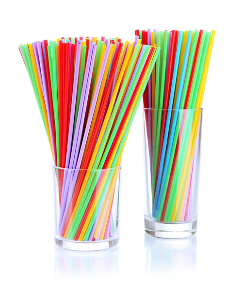 Many straws in glasses isolated on white — Stock Photo, Image