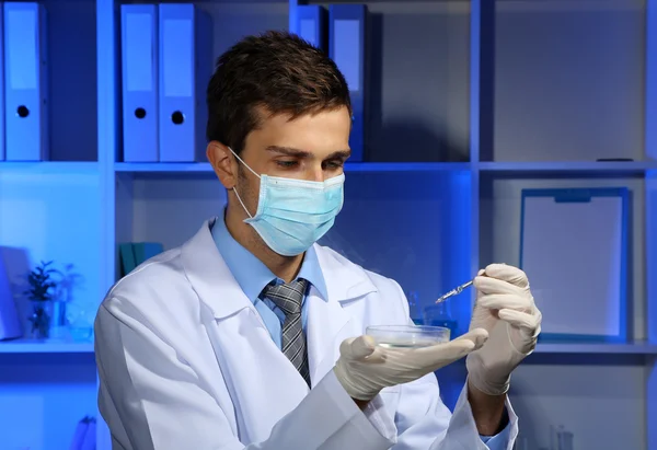 Jonge laboratorium wetenschapper met petrischaal werken bij lab — Stockfoto