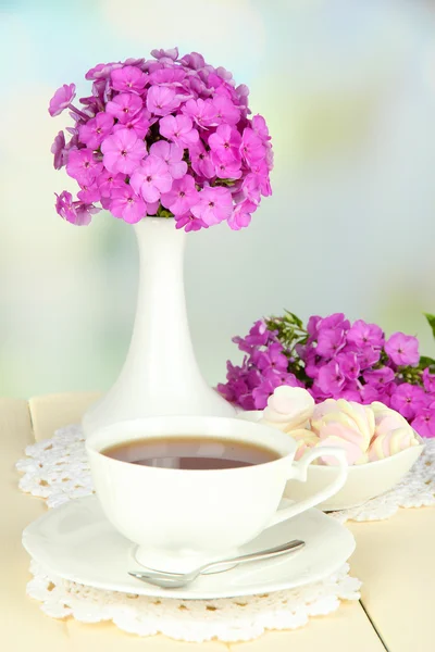 Beautiful bouquet of phlox with cup of tea on table on light background — Stock Photo, Image