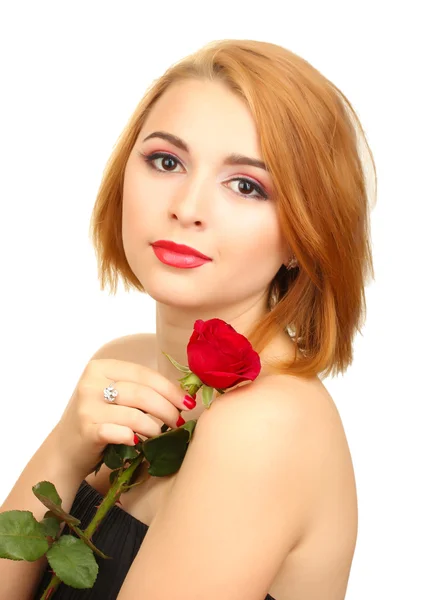 Retrato de mujer joven sexy con rosa roja — Stockfoto