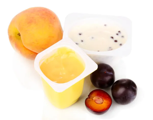 Yogurt with peach and plums isolated on white — Stock Photo, Image