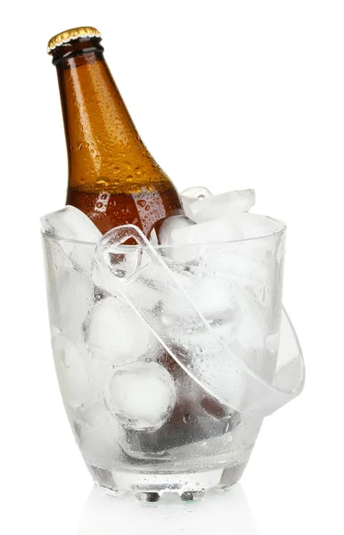 Beer bottle in ice bucket isolated on white — Stock Photo, Image