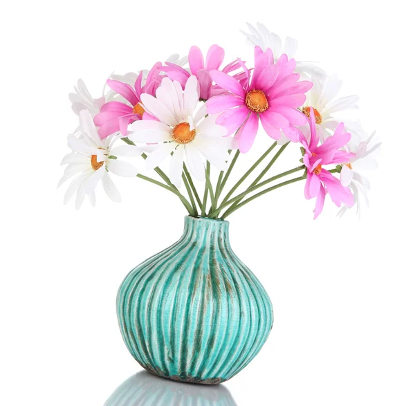 Beautiful daisies in colorful vase isolated on white — Stock Photo, Image