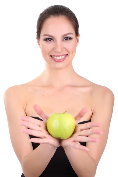 Femme souriante avec pomme isolée sur blanc — Photo