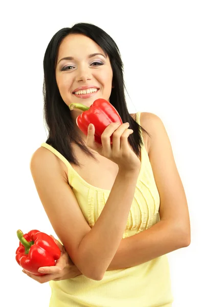 Chica con pimientos frescos aislados en blanco — Foto de Stock